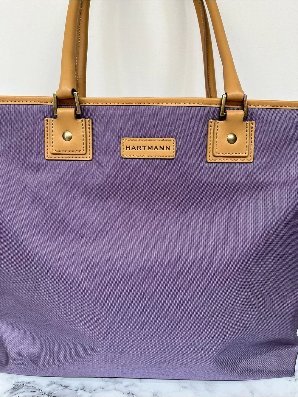 Hartmann purple nylon tote bag leather handles trim travel work bag